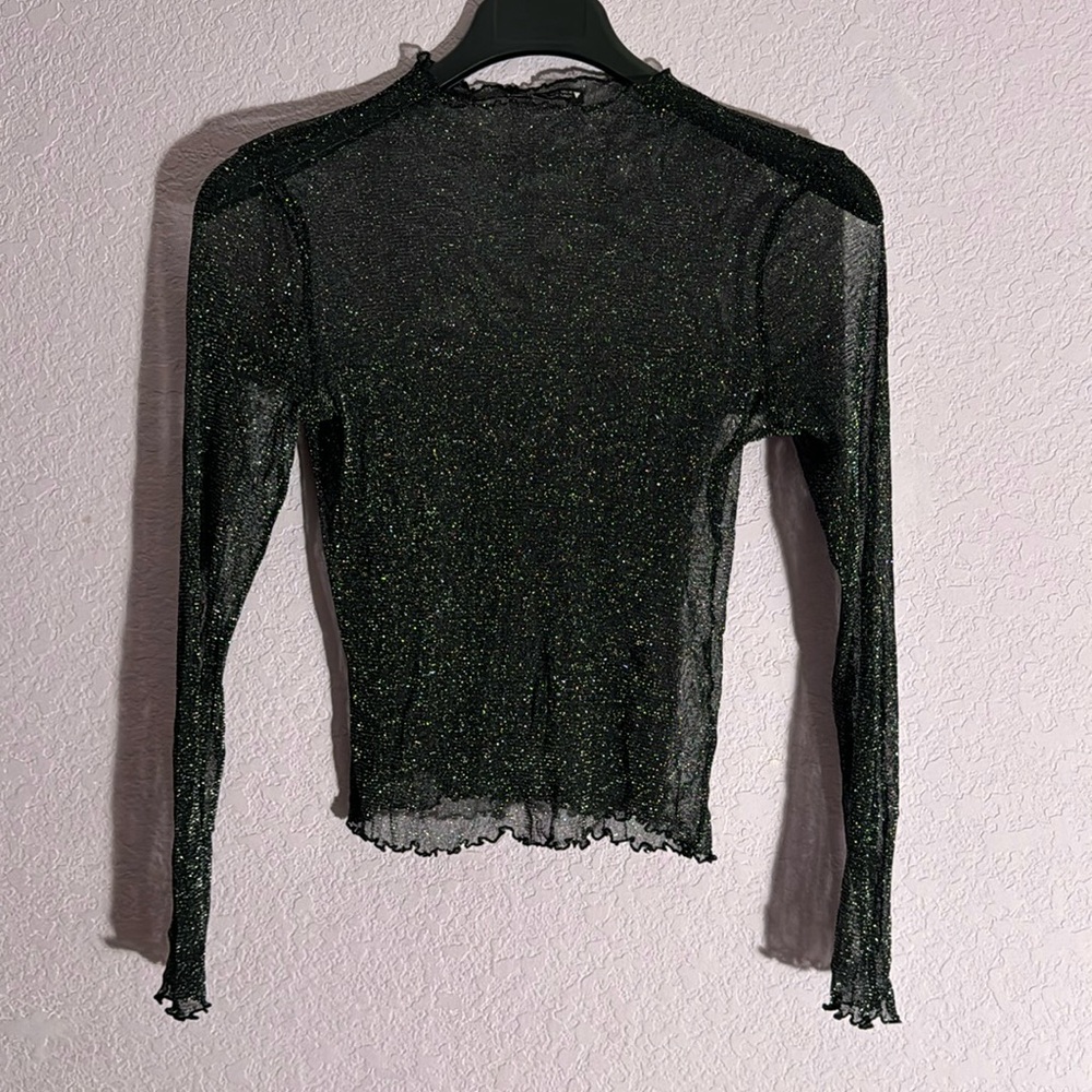 Black Charcoal Lettuce Longsleeve Mockneck Glittery Sparkly Top Blouse